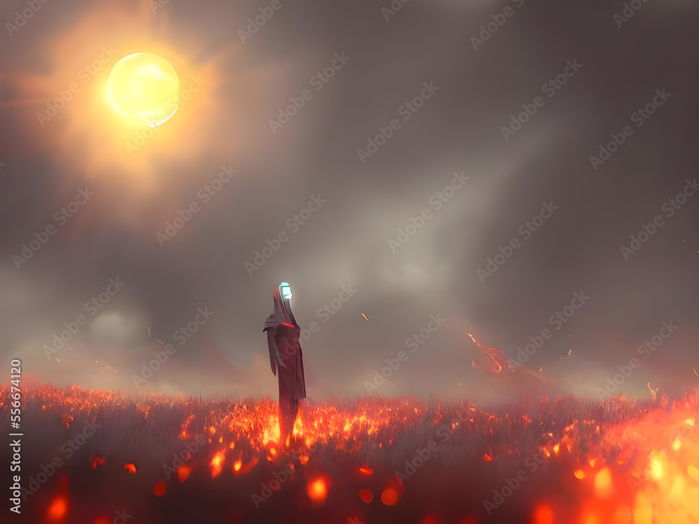 the black ghost standing in the burning field, illustration painting, digital art style