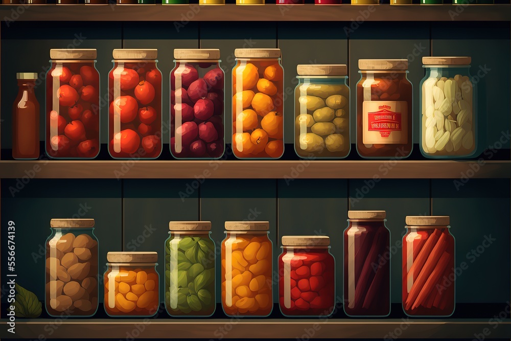 Horizontal view of two wooden shelves holding a variety of canned vegetables and fruit, lined up in rows of glass jars. Food staples canned include sauced tomatoes, corn, sweet potatoes. Generative AI