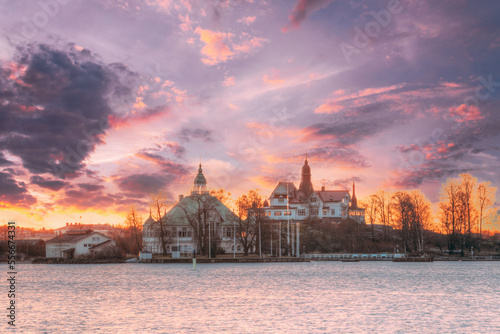 Helsinki, Finland. Sunrise Landscape Of Blekholmen Valkosaari Island And Luoto Island. Amazing Color Effect Of Clouds. Natural Bright Dramatic Sky Background. Soft Colors. Fantasy Clouds.