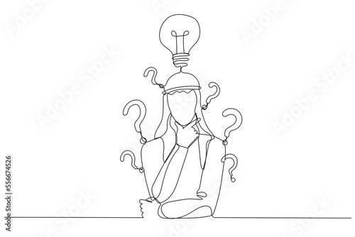 Illustration of arab businessman with question mark and lamp. Continuous line art style photo