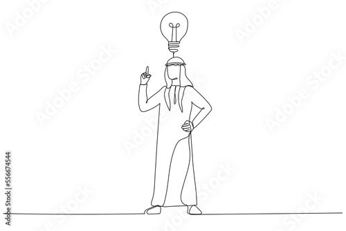 Cartoon of arab businessman with light bulb metaphor for innovation and inspiration. Single line art style