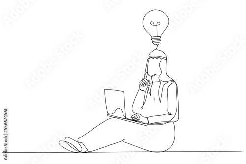 Illustration of young arab businessman with laptop has an idea. Single continuous line art style