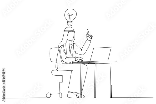 Cartoon of happy arab businessman working at his desk and creating a lot of idea bulbs. Single line art style