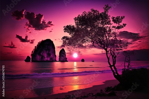 Pink Sunset  Krabi - Thailand stock photo Andaman Sea  Bay of Water  Beach  Beauty  Beauty In Nature. Generative AI