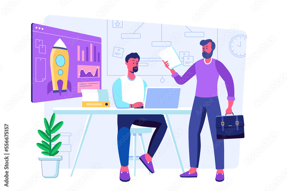 Business making concept with people scene for web. Men discussing tasks in office, brainstorming, develop strategy, launch startup and working together. Illustration in flat perspective design Business making concept with people scene for web. Men discussing tasks in office, brainstorming, develop strategy, launch startup and working together. Illustration in flat perspective design
