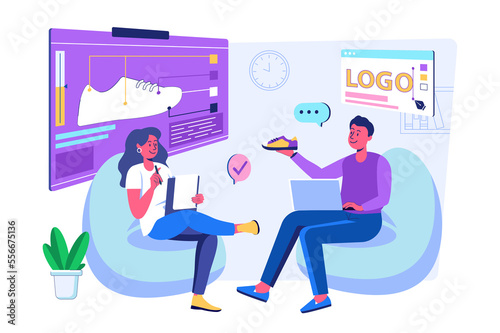 Branding team concept with people scene for web. Man and woman discussing idea to promote new product, develope of company identity and building brand. Illustration in flat perspective design