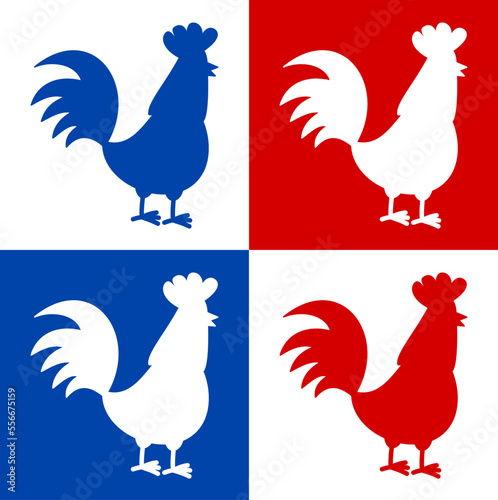 A red and blue chicken in profile on a colored background