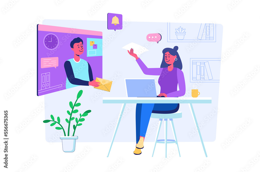 Email service concept with people scene for web. Man makes advertising mailing. Woman receives online emails with promotional information on her laptop. Illustration in flat perspective design Email service concept with people scene for web. Man makes advertising mailing. Woman receives online emails with promotional information on her laptop. Illustration in flat perspective design