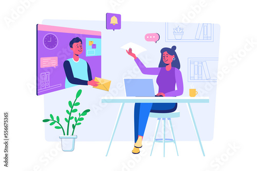 Email service concept with people scene for web. Man makes advertising mailing. Woman receives online emails with promotional information on her laptop. Illustration in flat perspective design