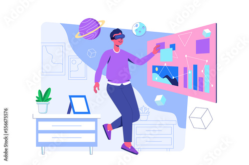 Metaverse concept with people scene for web. Man in VR glasses working or learning and interacts with data at dashboards in augmented reality simulation. Illustration in flat perspective design