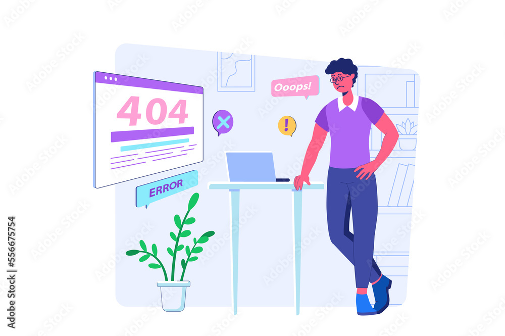 Page not found concept with people scene for web. Sad man looking at 404 error sign at screen, receiving online service notification of connects trouble. Illustration in flat perspective design Page not found concept with people scene for web. Sad man looking at 404 error sign at screen, receiving online service notification of connects trouble. Illustration in flat perspective design
