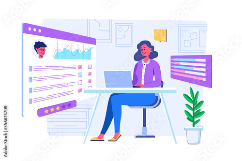 Online survey concept with people scene for web. Woman filling questionnaire form on huge screen using laptop  gives her feedback or answering test. Illustration in flat perspective design