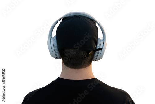 A man listens to music with headphones on a transparent background.