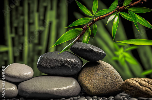 Zen Stones and Bamboo on the water. Spa still life with stacked of stone. Generative AI