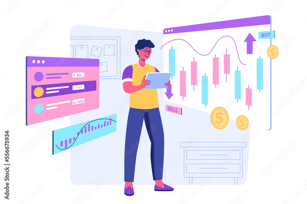 Stock market concept with people scene for web. Man working at stocks exchange and making financial operation, trading and investing in global business. Illustration in flat perspective design Stock market concept with people scene for web. Man working at stocks exchange and making financial operation, trading and investing in global business. Illustration in flat perspective design