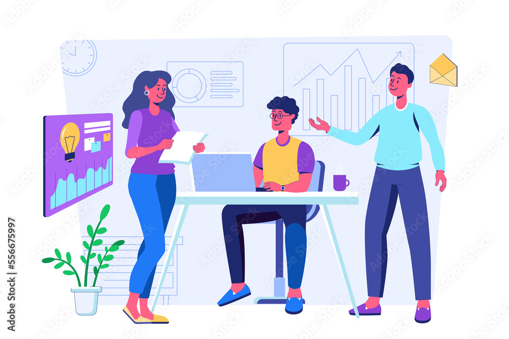 Teamwork concept with people scene for web. Men and women discussing tasks, working together in company, collaboration and communication in office. Illustration in flat perspective design