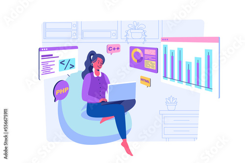 Software development concept with people scene for web. Woman coding, working with programming languages, analysis data at screens, testing and fixing. Illustration in flat perspective design