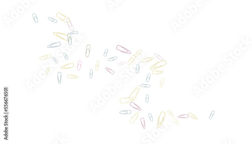 Paper clips are scattered on a white background. Decorative element. Background for design, school and office supplies