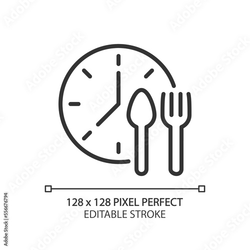Lunchtime pixel perfect linear icon. Manage nutrition schedule. Take lunch break at work. Meal periods. Thin line illustration. Contour symbol. Vector outline drawing. Editable stroke. Arial font used