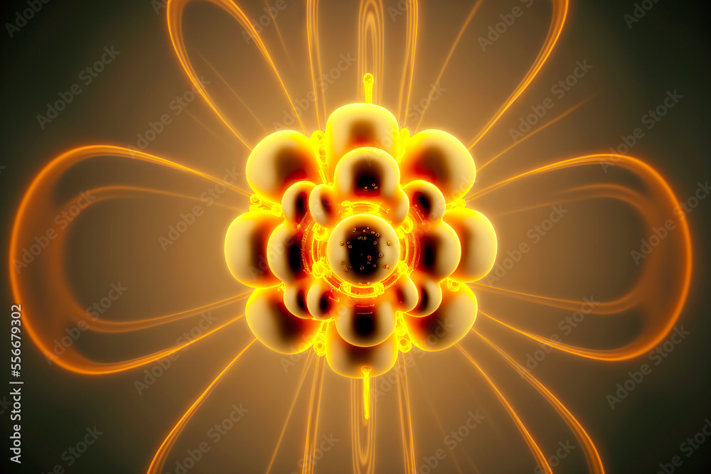 Atom orbit model of yellow glowing particles with divergent rays Stock ...