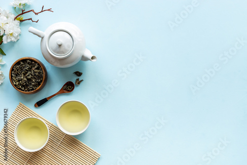Asian tea ceremony with a fan. Chinese background