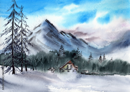 Watercolor illustration of a winter landscape with distant snow-capped mountains, a winter forest and a brown-roofed wooden house, with three pine trees in the foreground on the left