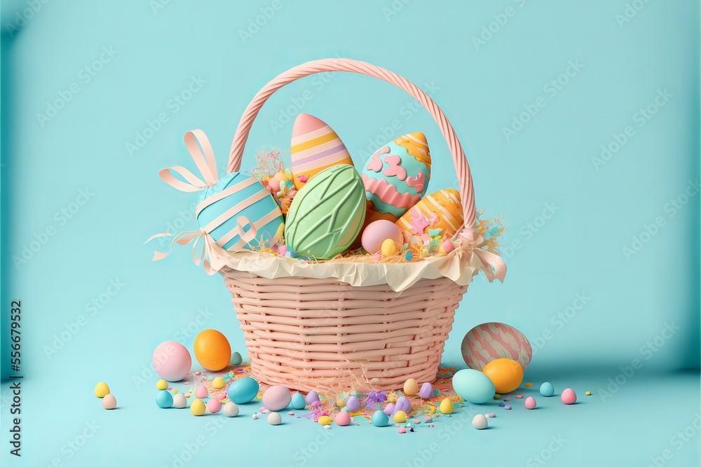 Filled easter basket with easter eggs. Generative AI
