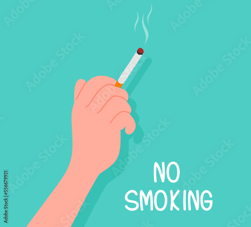 Smoker holds a smoking cigarette. Vector illustration flat design. Isolated on background.