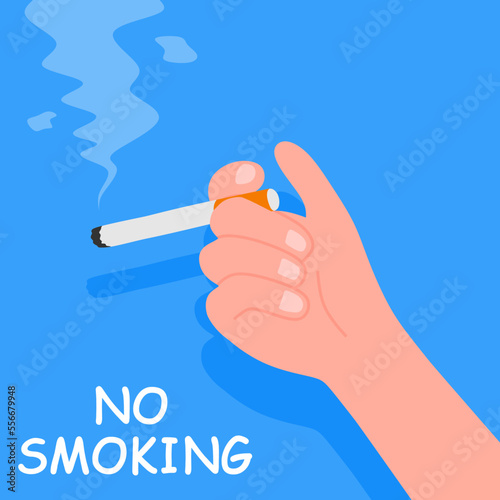 Smoker holds a smoking cigarette. Vector illustration flat design. Isolated on background.