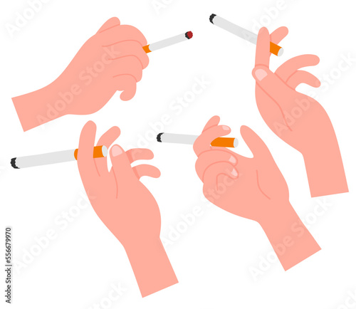 set of hand holding cigarette isolated on white background.