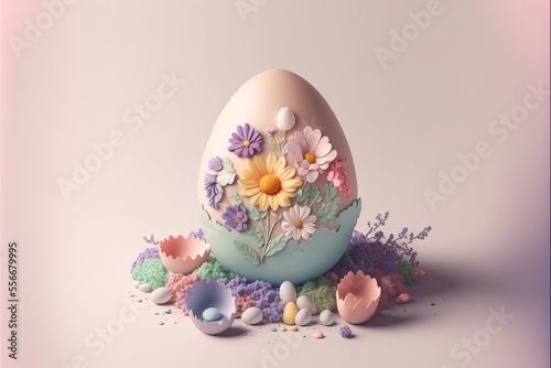 Beautiful pastel colored Easter Egg with flowers. Generative AI