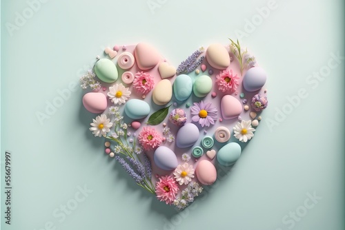 Easter eggs and flowers shaped as heart. Generative AI