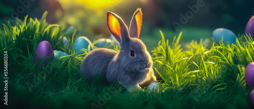 Easter bunny on the grass with eggs in background.. Generative AI