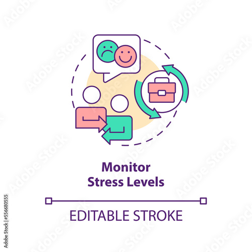 Monitor stress levels concept icon. Retain employees during merger abstract idea thin line illustration. Track absenteeism. Isolated outline drawing. Editable stroke. Arial, Myriad Pro-Bold fonts used