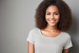 Beautiful healthy young afroamerican woman smiling and looking at camera, perfect teeth, grey banner background with copy space. Generative AI model