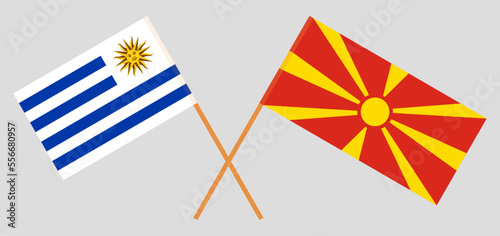 Crossed flags of Uruguay and North Macedonia. Official colors. Correct proportion