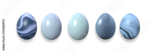 Set of vector 3d easter eggs space, blue, marble colors on transparent background.