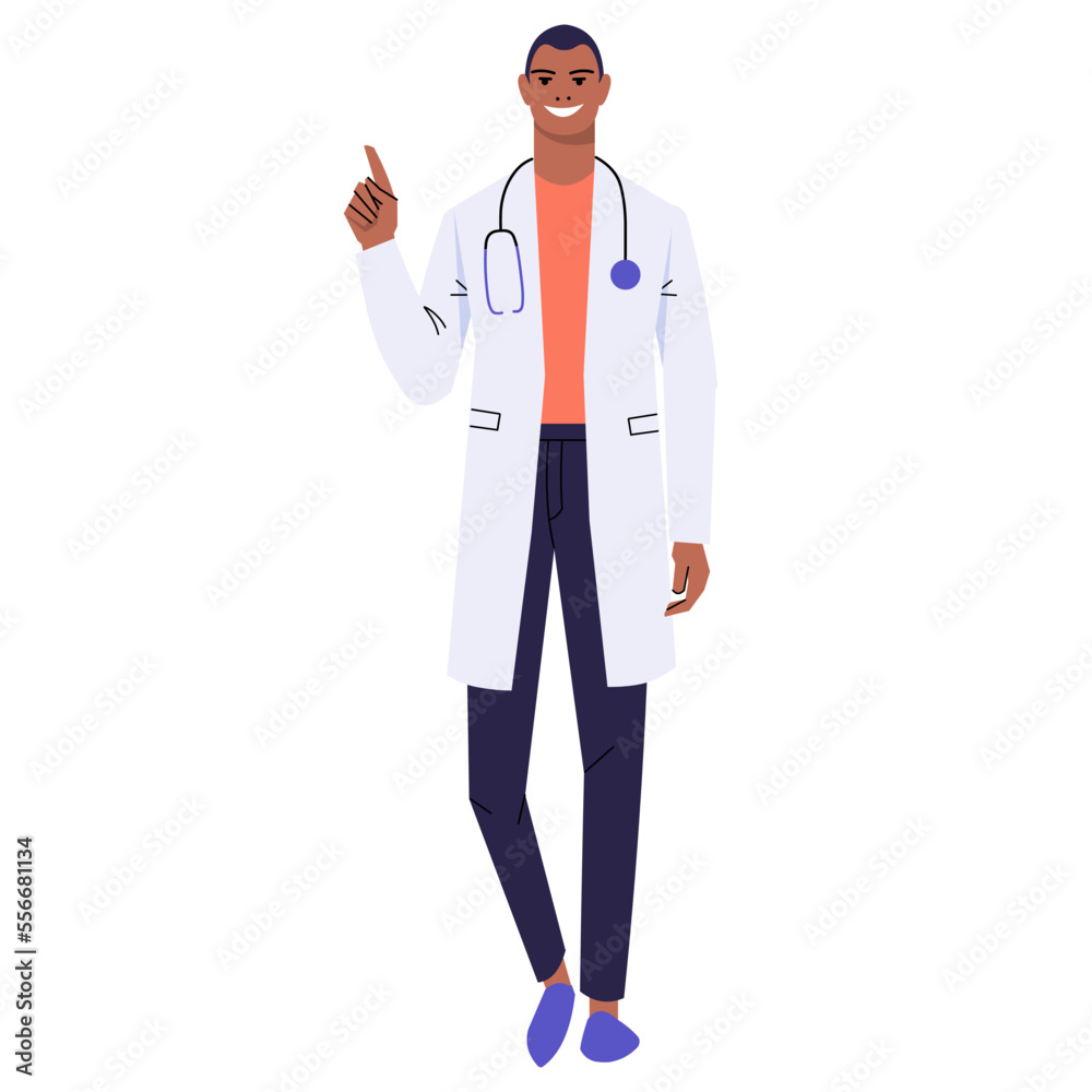 Dark-skinned doctor gesturing attention. The medical worker warns, gives advice. Character in white coat and with stethoscope isolated on white background. Flat style. Vector. Dark-skinned doctor gesturing attention. The medical worker warns, gives advice. Character in white coat and with stethoscope isolated on white background. Flat style. Vector.