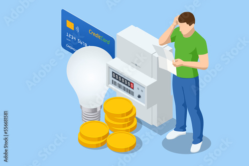 Isometric kilowatt hour electric meter, power supply meter. The male character is paying utilities. Concept of invoice and electricity meter. Watthour meter of electricity for use in home appliance