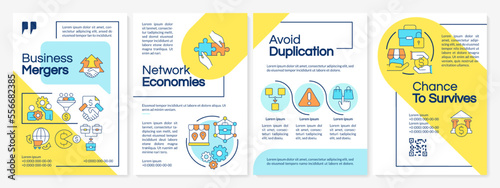 Business mergers benefits blue and yellow brochure template. Leaflet design with linear icons. Editable 4 vector layouts for presentation, annual reports. Questrial, Lato-Regular fonts used