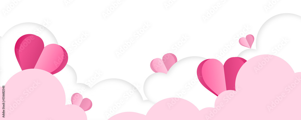 Valentine’s Day modern minimalistic design for Website, greeting or Sale banner, flyer, poster in paper cut style with cute flying Origami Hearts over clouds isolated on background.