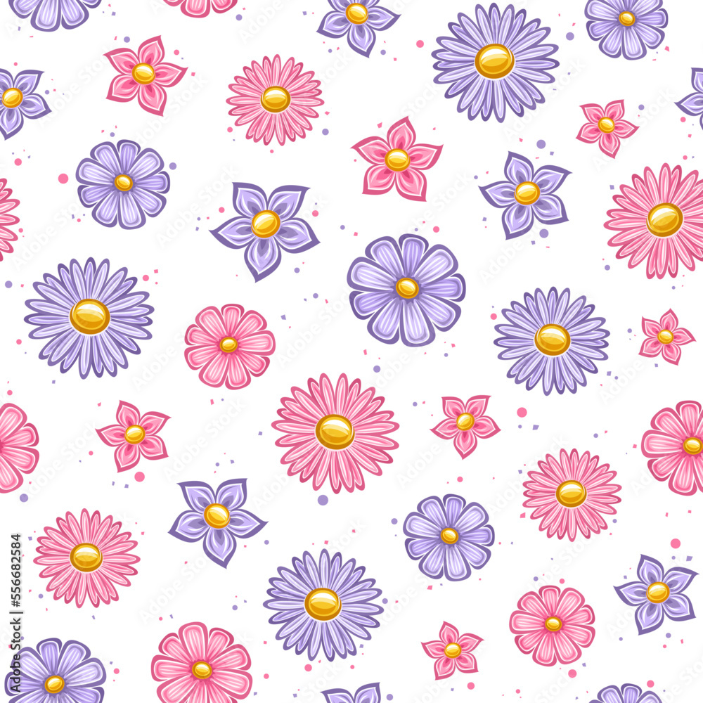 Vector Holiday Flowers Seamless Pattern, square repeating background with set of cut out illustrations violet petunia flower and rose color march daisy, decorative various flowers on white background