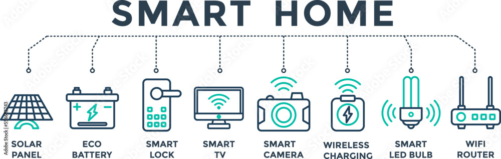 Smart home banner web icon vector illustration for modern real estate technology consulting with solar panel, battery, smart door lock, internet tv, cctv, wireless charger, led and wifi router icons Smart home banner web icon vector illustration for modern real estate technology consulting with solar panel, battery, smart door lock, internet tv, cctv, wireless charger, led and wifi router icons