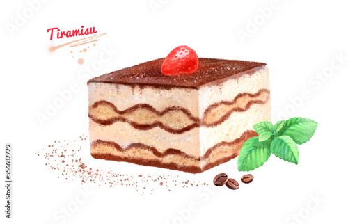 Hand painted watercolor illustration of Tiramisu dessert on white background