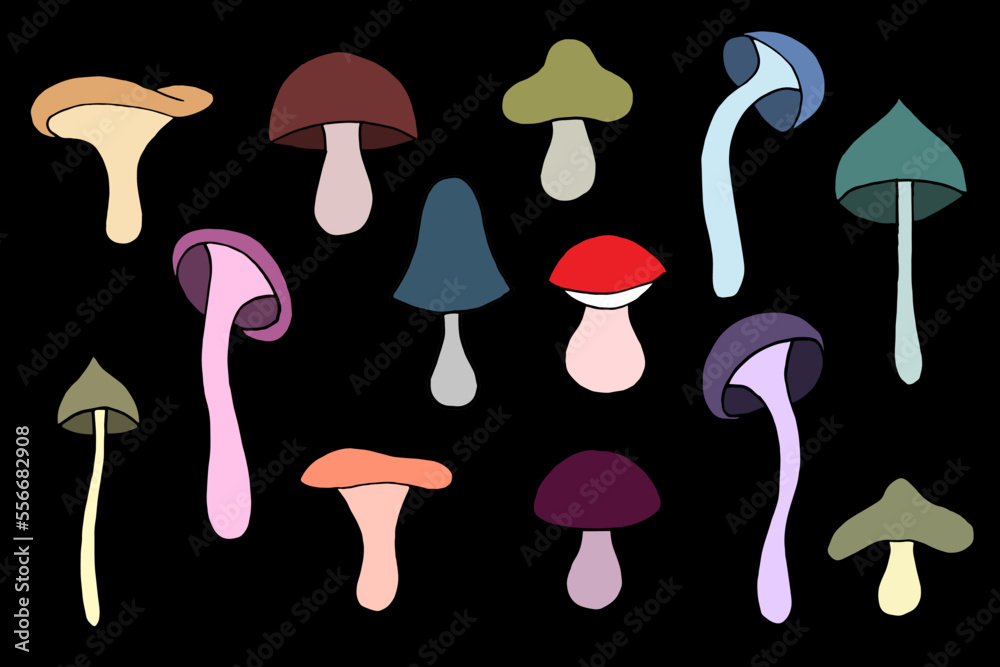 Vector mushroom icons set on isolated black background. Hand drawing illustration. Vector mushroom icons set on isolated black background. Hand drawing illustration.