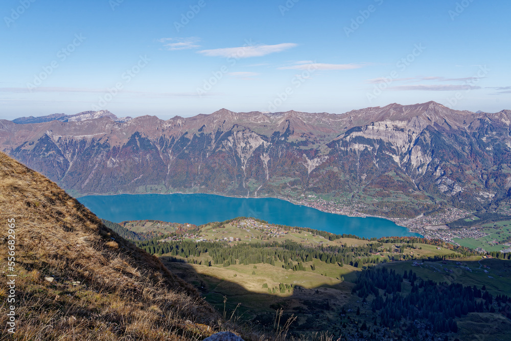 Beautiful aerial view over Lake Brienz with autumn landscape seen from top of Axalp, Canton Bern, on a sunny day. Photo taken October 18th, 2022, Axalp, Switzerland.