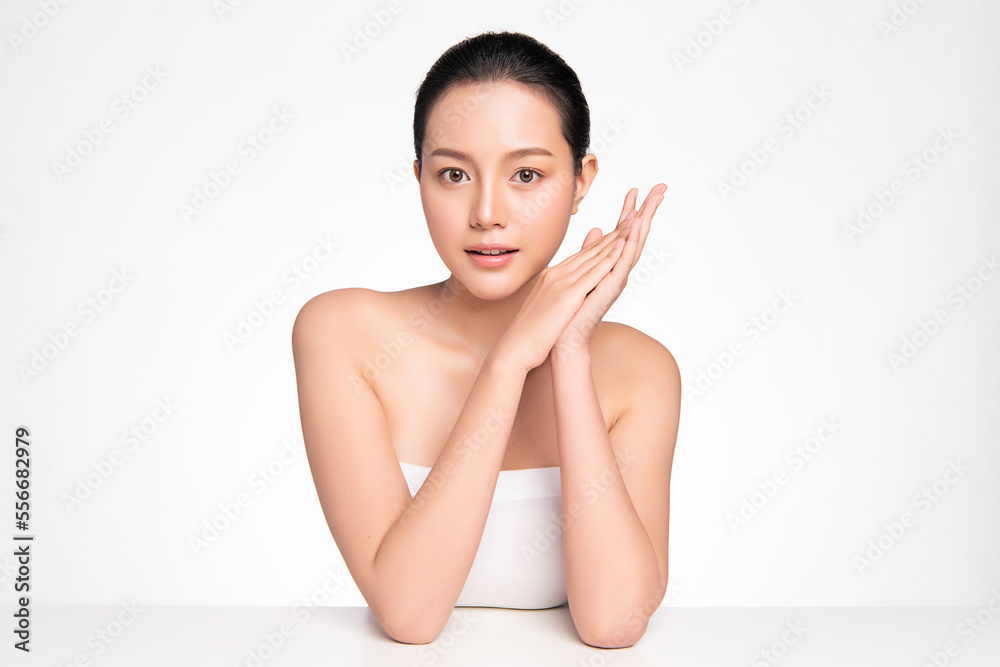 Beautiful young asian woman with clean fresh skin on white background, Face care, Facial treatment, Cosmetology, beauty and spa, Asian women portrait.