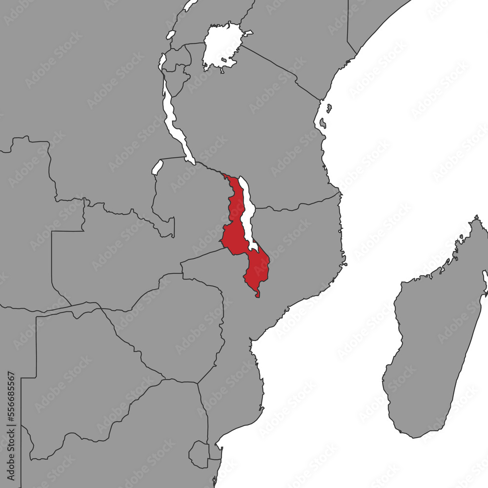 Malawi on world map. Vector illustration.
