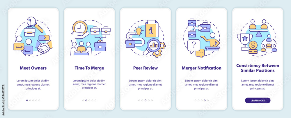 Managing business merger onboarding mobile app screen. Meet owners walkthrough 5 steps editable graphic instructions with linear concepts. UI, UX, GUI template. Myriad Pro-Bold, Regular fonts used Managing business merger onboarding mobile app screen. Meet owners walkthrough 5 steps editable graphic instructions with linear concepts. UI, UX, GUI template. Myriad Pro-Bold, Regular fonts used