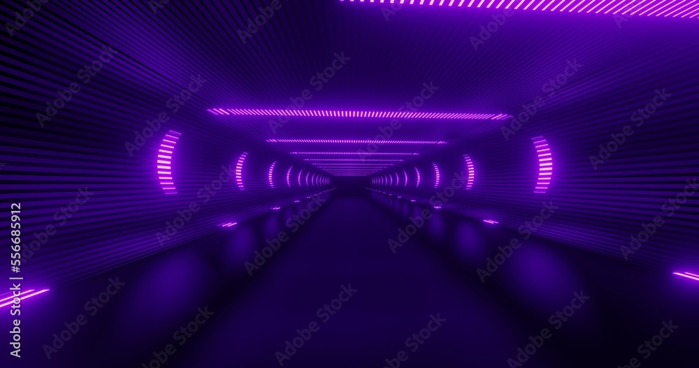 Futuristic interior background tunnel glowing purple neon 3d render